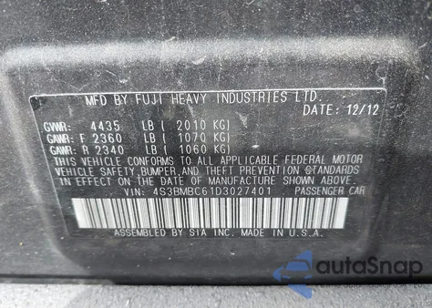 2013 Subaru Legacy 2.5I Premium z USA, uszkodzony, nr VIN 4S3BMBC61D3027401